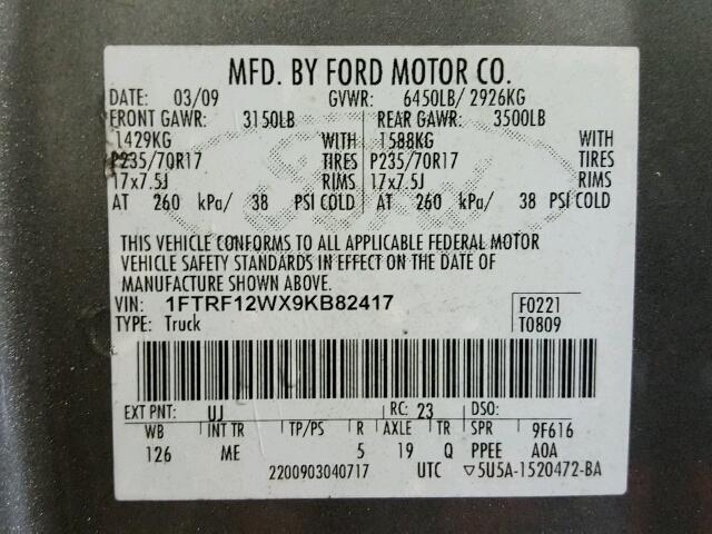 1FTRF12WX9KB82417 - 2009 FORD F150 GRAY photo 10