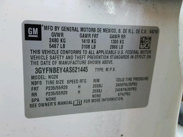 3GYFNBEY4AS621445 - 2010 CADILLAC SRX PERFOR WHITE photo 10