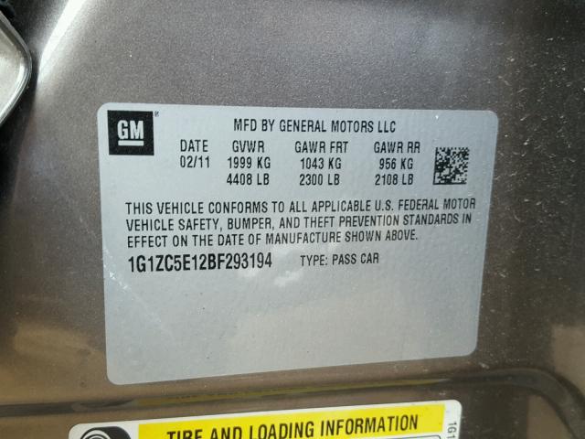 1G1ZC5E12BF293194 - 2011 CHEVROLET MALIBU 1LT ყავისფერი ფოტო 10