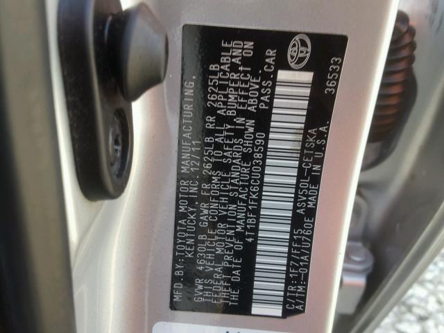 4T1BF1FK6CU038590 - 2012 TOYOTA CAMRY SILVER photo 10