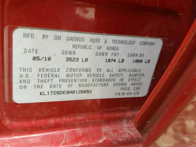 KL1TD5DE9AB126651 - 2010 CHEVROLET AVEO LS RED photo 10