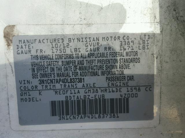 3N1CN7AP4DL837381 - 2013 NISSAN VERSA WHITE photo 10