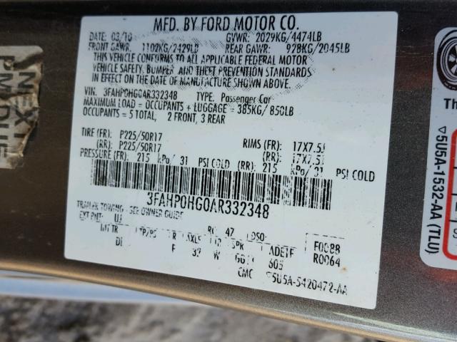 3FAHP0HG0AR332348 - 2010 FORD FUSION SE GRAY photo 10