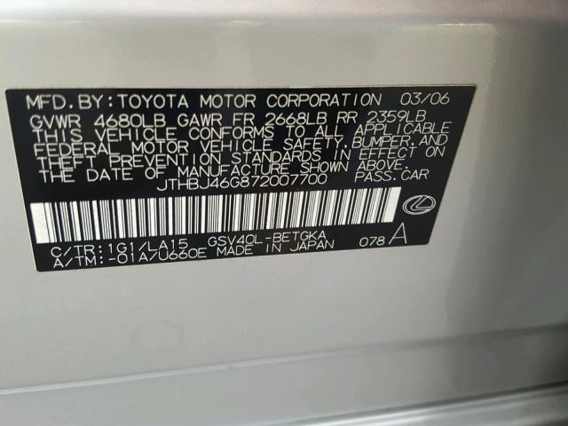 JTHBJ46G872007700 - 2007 LEXUS ES 350 SILVER photo 10