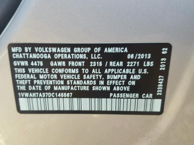 1VWAH7A37DC145567 - 2013 VOLKSWAGEN PASSAT S SILVER photo 10