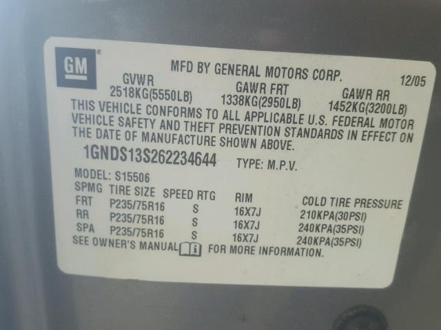 1GNDS13S262234644 - 2006 CHEVROLET TRAILBLAZE SILVER photo 10