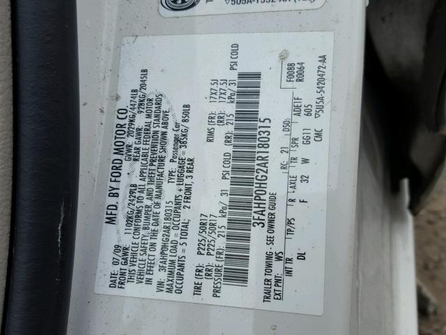 3FAHP0HG2AR180315 - 2010 FORD FUSION SE WHITE photo 10