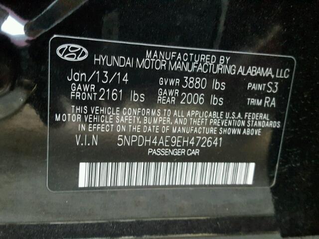 5NPDH4AE9EH472641 - 2014 HYUNDAI ELANTRA BLACK photo 10