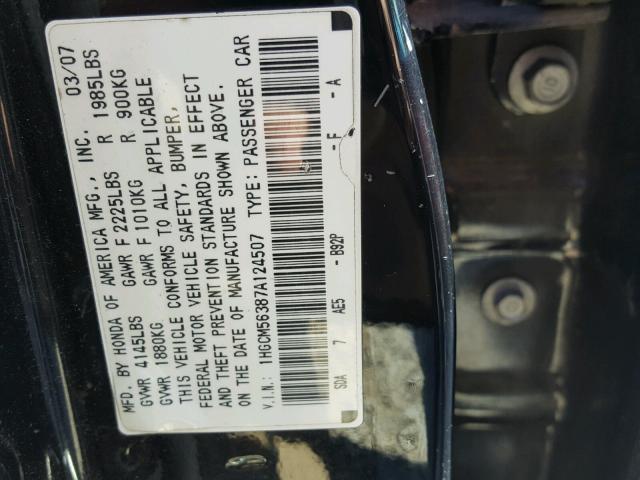 1HGCM56387A124507 - 2007 HONDA ACCORD BLACK photo 10