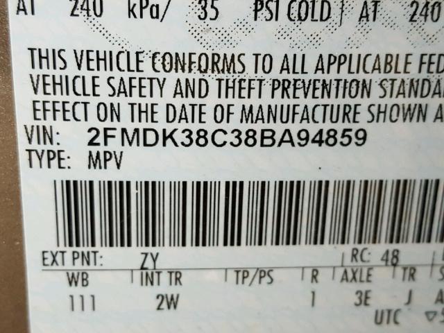 2FMDK38C38BA94859 - 2008 FORD EDGE SEL GRAY photo 10