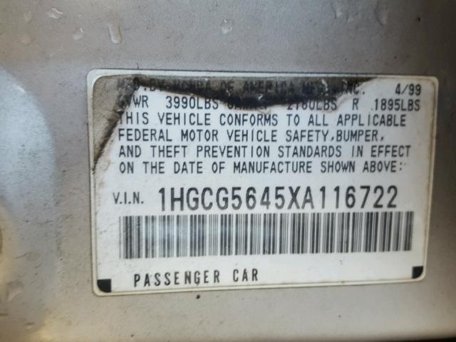 1HGCG5645XA116722 - 1999 HONDA ACCORD GRAY photo 10