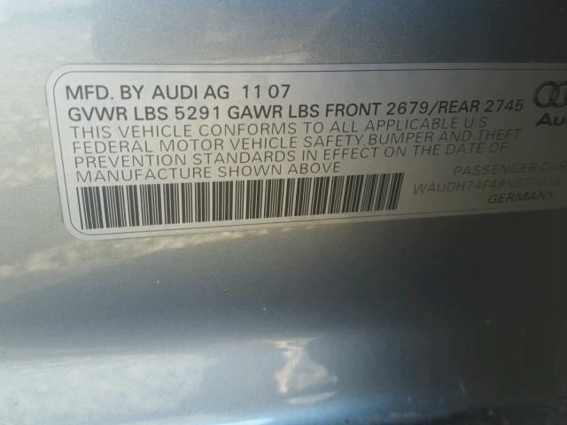 WAUDH74F48N079038 - 2008 AUDI A6 3.2 QUA GRAY photo 10