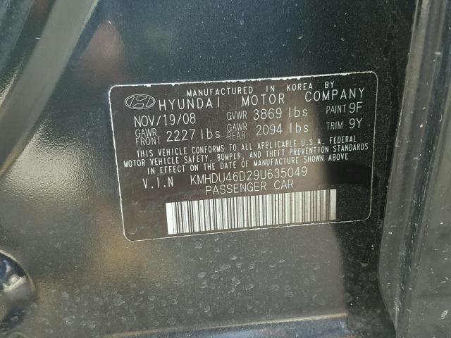 KMHDU46D29U635049 - 2009 HYUNDAI ELANTRA GL BLACK photo 10