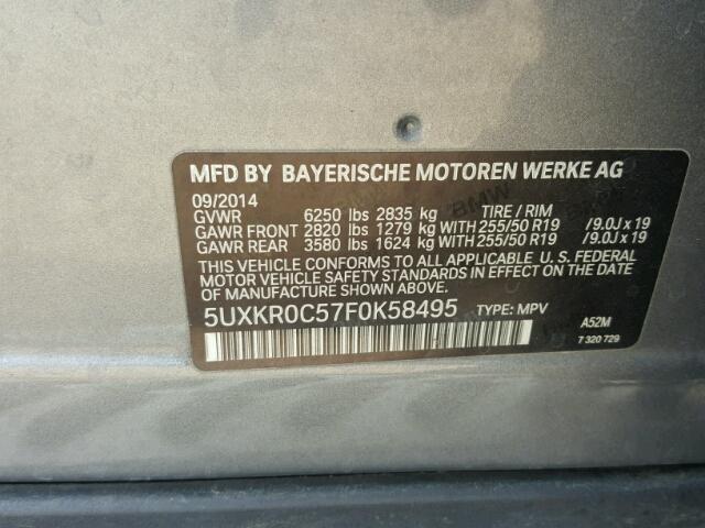 5UXKR0C57F0K58495 - 2015 BMW X5 XDRIVE3 GRAY photo 10