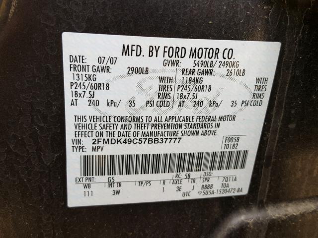 2FMDK49C57BB37777 - 2007 FORD EDGE SEL P CHARCOAL photo 10