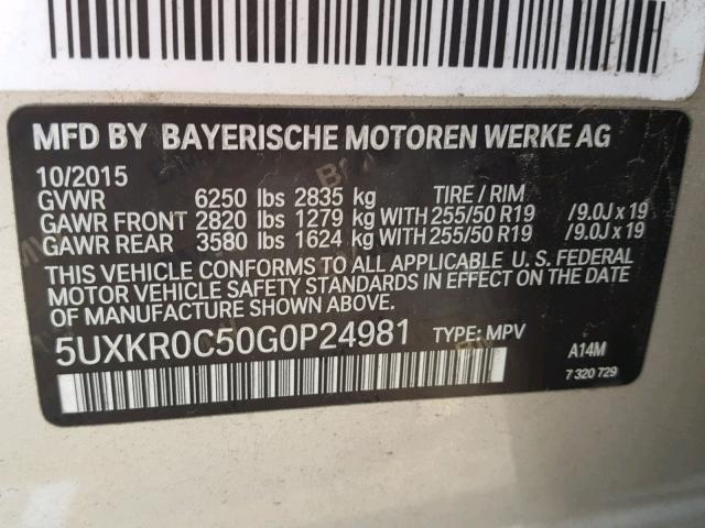 5UXKR0C50G0P24981 - 2016 BMW X5 XDRIVE3 SILVER photo 10