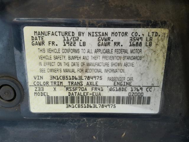 3N1CB51D63L784975 - 2003 NISSAN SENTRA XE GREEN photo 10