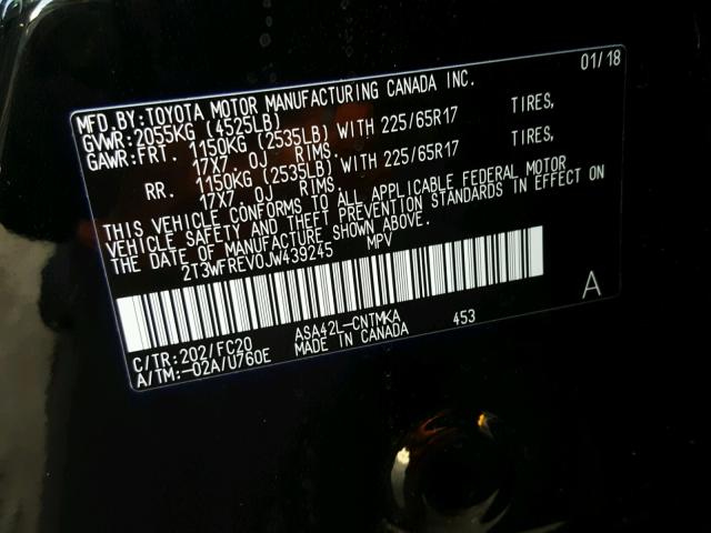2T3WFREV0JW439245 - 2018 TOYOTA RAV4 ADVEN BLACK photo 10