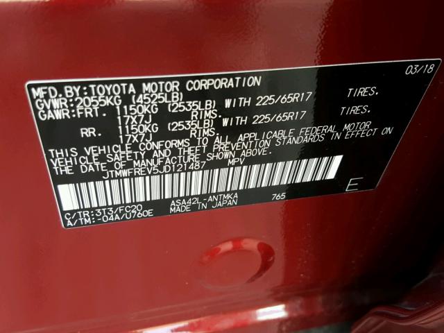 JTMWFREV5JD121487 - 2018 TOYOTA RAV4 ADVEN BURGUNDY photo 10