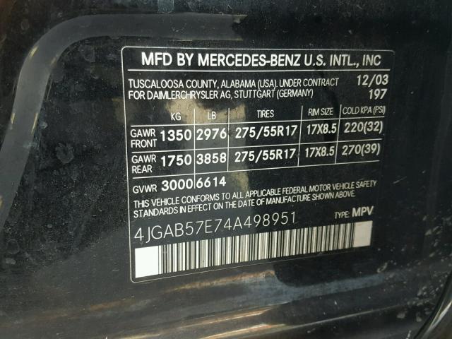 4JGAB57E74A498951 - 2004 MERCEDES-BENZ ML 350 BLACK photo 10