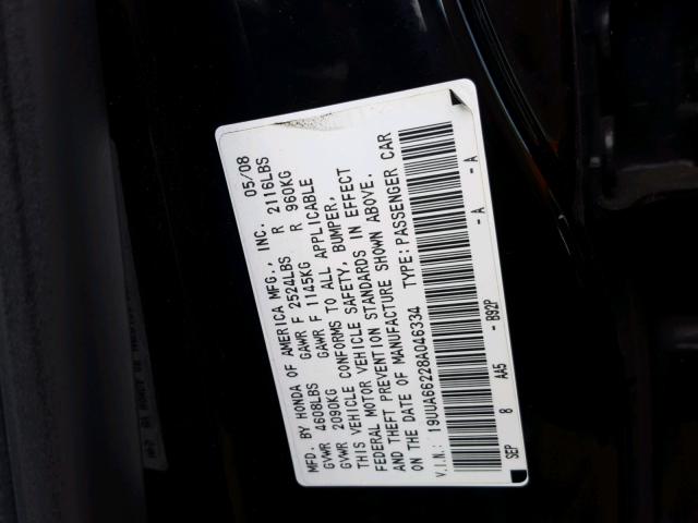 19UUA66228A046334 - 2008 ACURA TL BLACK photo 10