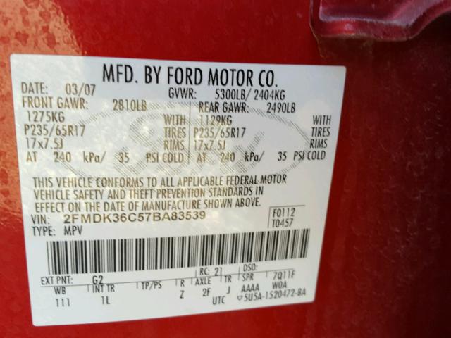 2FMDK36C57BA83539 - 2007 FORD EDGE RED photo 10