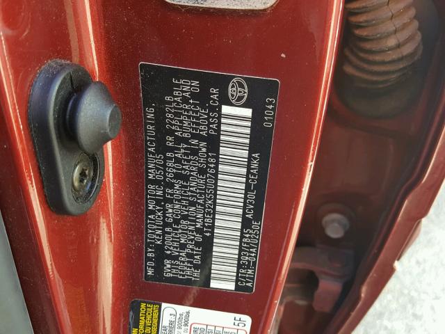 4T1BE32K55U076481 - 2005 TOYOTA CAMRY LE მუქწითელი ფოტო 10