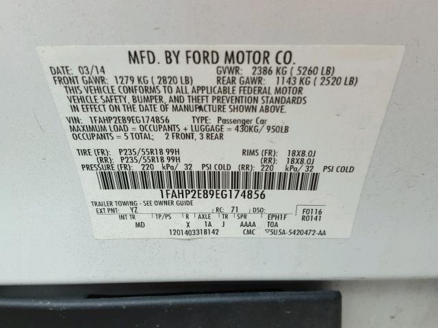 1FAHP2E89EG174856 - 2014 FORD TAURUS SEL WHITE photo 10