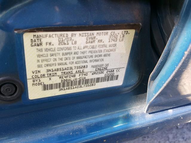 3N1AB51A03L735283 - 2003 NISSAN SENTRA SE- BLUE photo 10