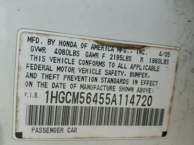 1HGCM56455A114720 - 2005 HONDA ACCORD LX WHITE photo 10