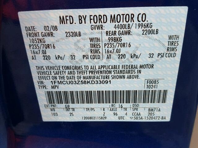 1FMCU03Z58KD33091 - 2008 FORD ESCAPE XLT BLUE photo 10