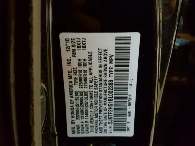 5J6TF2H51BL002388 - 2011 HONDA ACCORD CRO BLACK photo 10