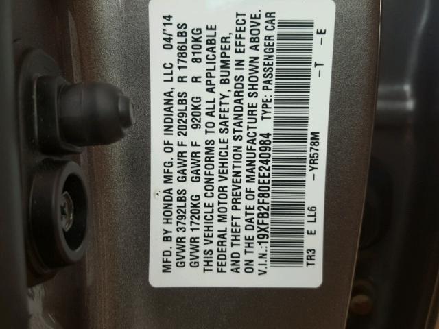 19XFB2F80EE240984 - 2014 HONDA CIVIC EX GRAY photo 10