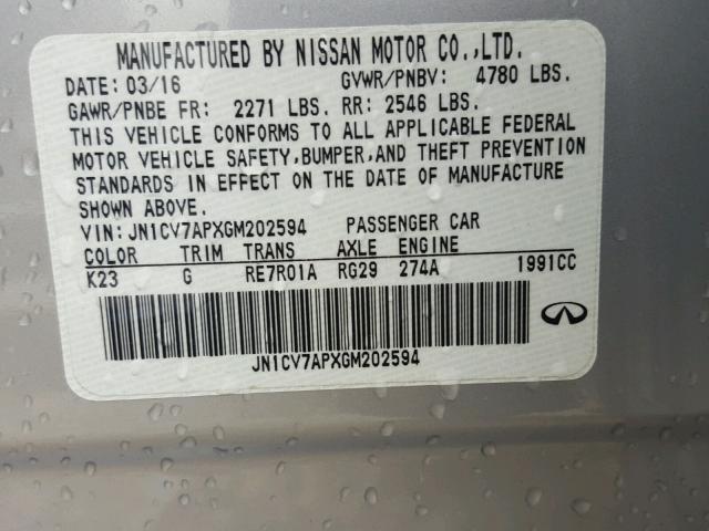 JN1CV7APXGM202594 - 2016 INFINITI Q50 BASE SILVER photo 10