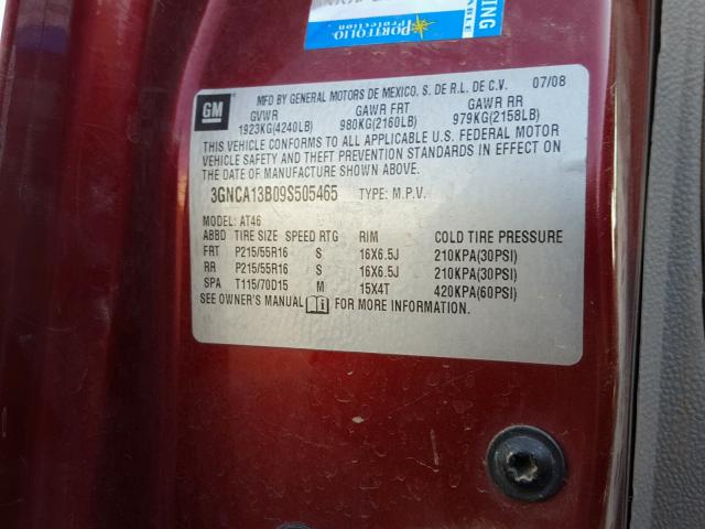 3GNCA13B09S505465 - 2009 CHEVROLET HHR LS ბურგუნდია ფოტო 10