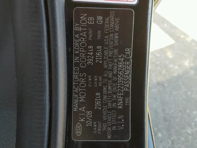 KNAFE221395628645 - 2009 KIA SPECTRA EX BLACK photo 10