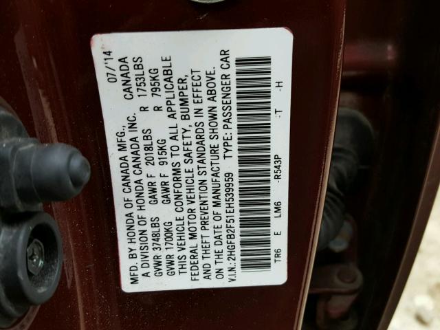 2HGFB2F51EH539959 - 2014 HONDA CIVIC LX MAROON photo 10