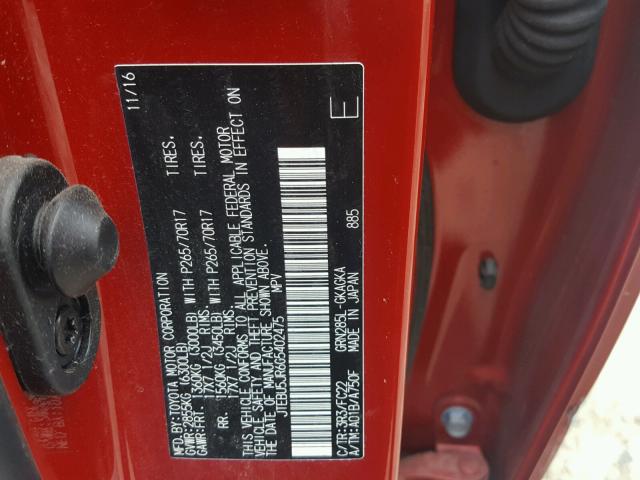 JTEBU5JR6G5402475 - 2016 TOYOTA 4RUNNER SR RED photo 10