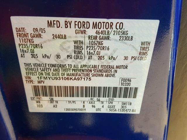 1FMYU93106KA97175 - 2006 FORD ESCAPE BLUE photo 10