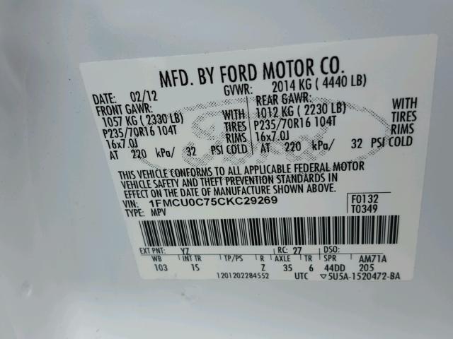 1FMCU0C75CKC29269 - 2012 FORD ESCAPE XLS WHITE photo 10