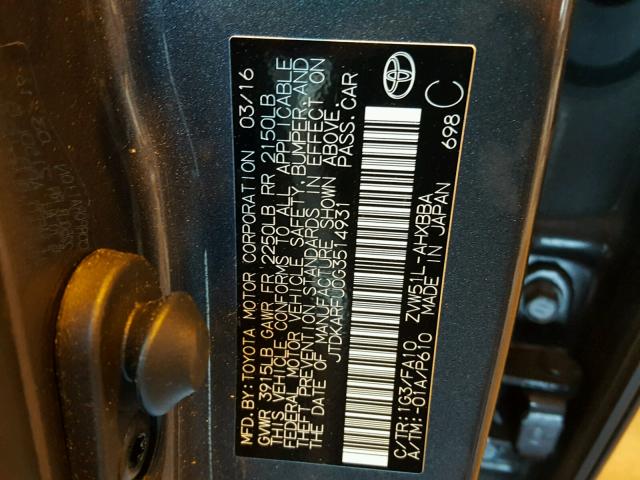 JTDKARFU0G3514931 - 2016 TOYOTA PRIUS GRAY photo 10