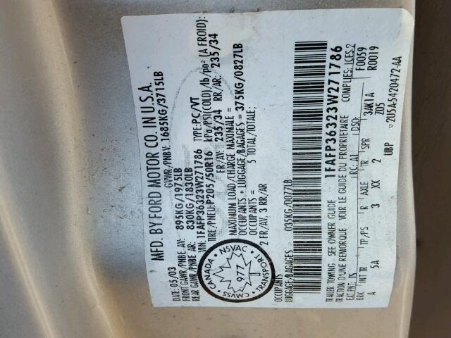 1FAFP36323W271786 - 2003 FORD FOCUS SE GRAY photo 10