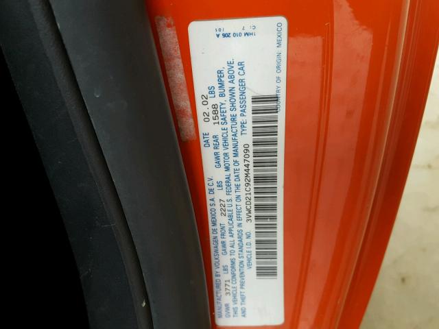 3VWCD21C92M447090 - 2002 VOLKSWAGEN NEW BEETLE 橙色 照片 10