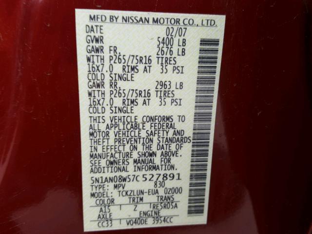 5N1AN08W57C527891 - 2007 NISSAN XTERRA OFF RED photo 10