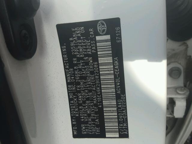 4T1BE46K29U823086 - 2009 TOYOTA CAMRY BASE თეთრი ფოტო 10