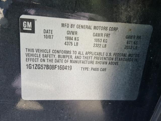 1G1ZG57B08F160419 - 2008 CHEVROLET MALIBU LS ნაცრისფერი ფოტო 10