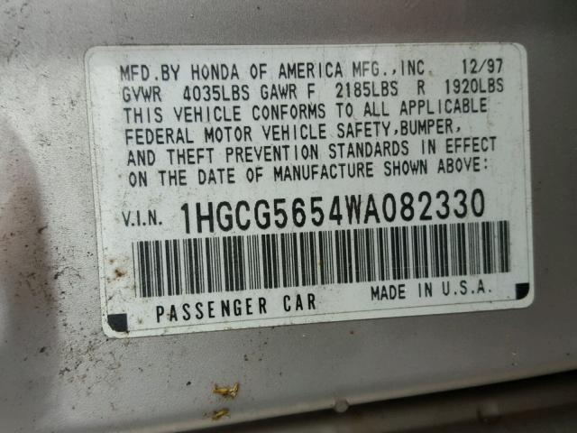 1HGCG5654WA082330 - 1998 HONDA ACCORD SILVER photo 10