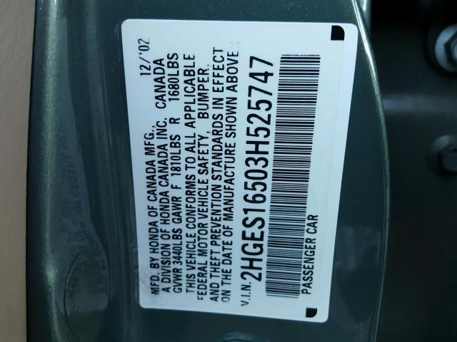 2HGES16503H525747 - 2003 HONDA CIVIC GREEN photo 10