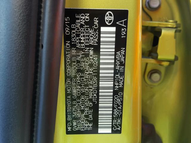 JTDKDTB3XF1110241 - 2015 TOYOTA PRIUS C GREEN photo 10