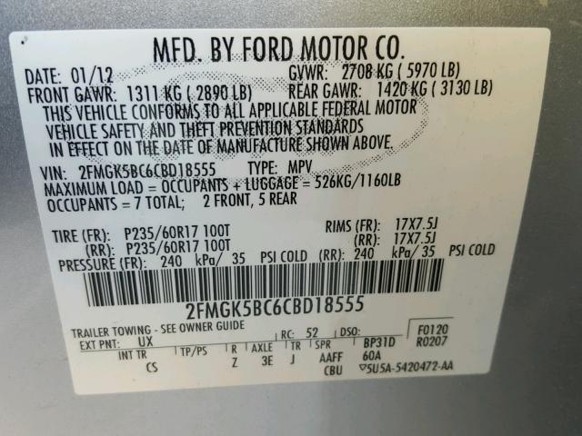 2FMGK5BC6CBD18555 - 2012 FORD FLEX SE SILVER photo 10